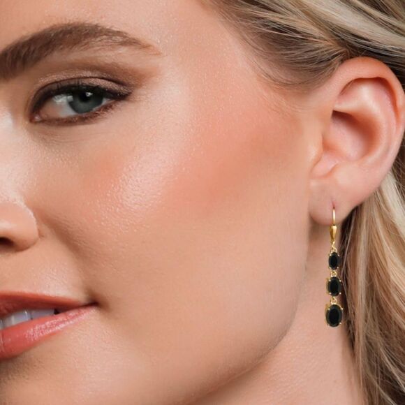 18K Yellow Gold with 5.40 Cttw 3 Stone Black Onyx Dangling Leverback Earrings - Picture 3 of 5